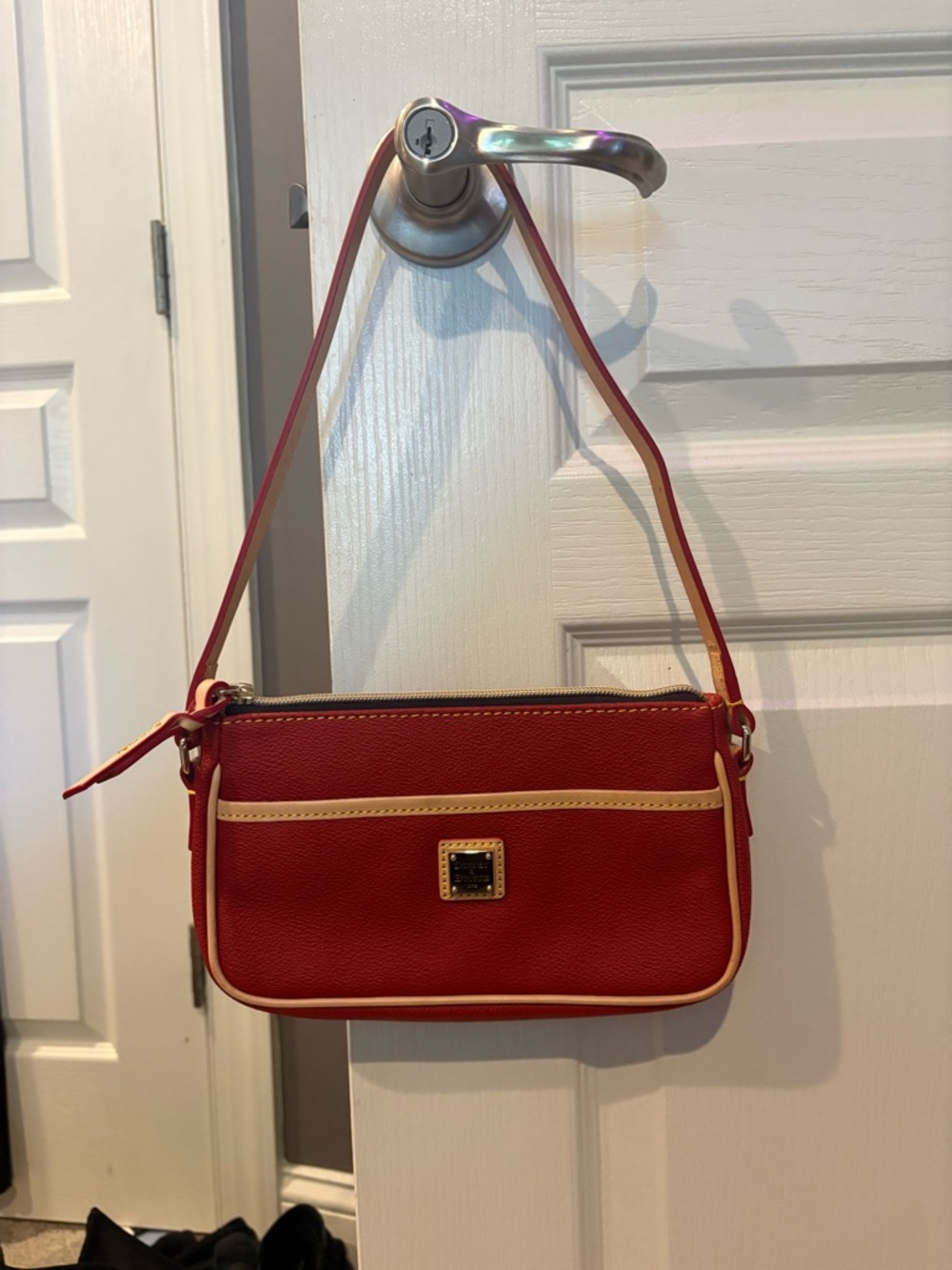 Dooney & Bourke Red Leather Shoulder Bag with tan trim